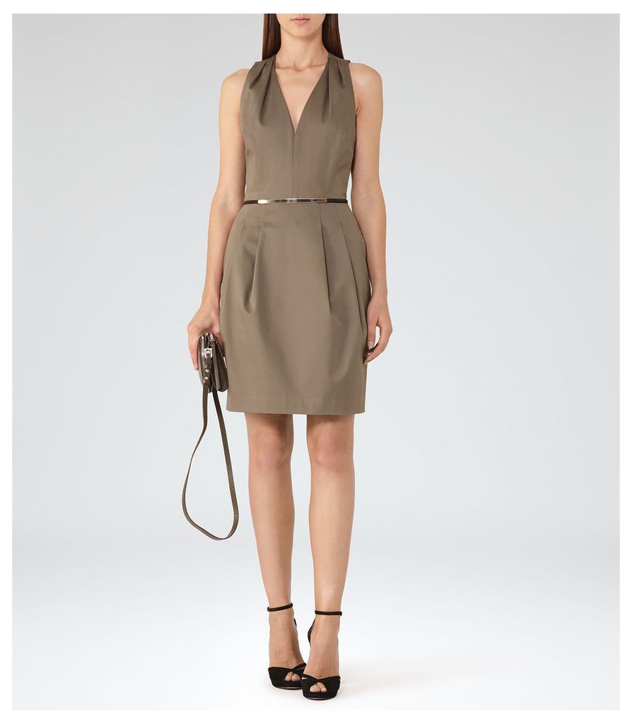 Reiss Rakele - V-neck Fit And Flare Dress in Khaki, Womens, Size 14