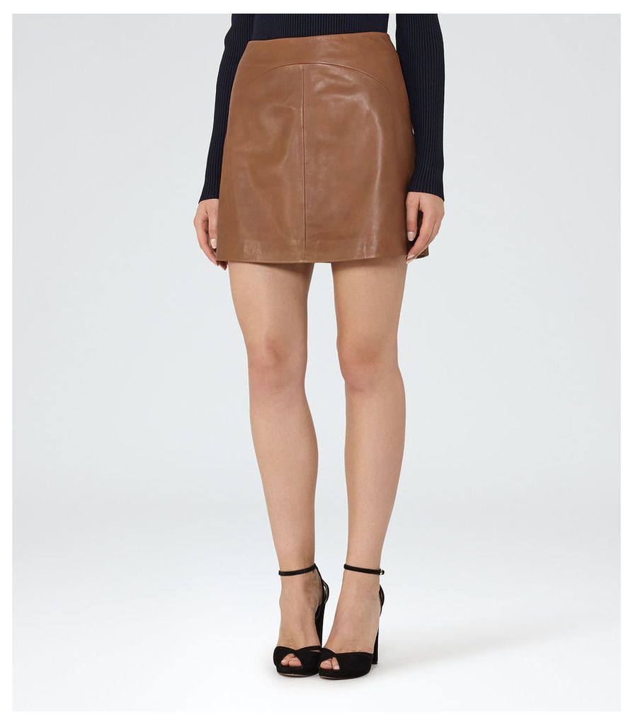 Reiss Cammie - Leather A-line Mini Skirt in Tan, Womens, Size 4