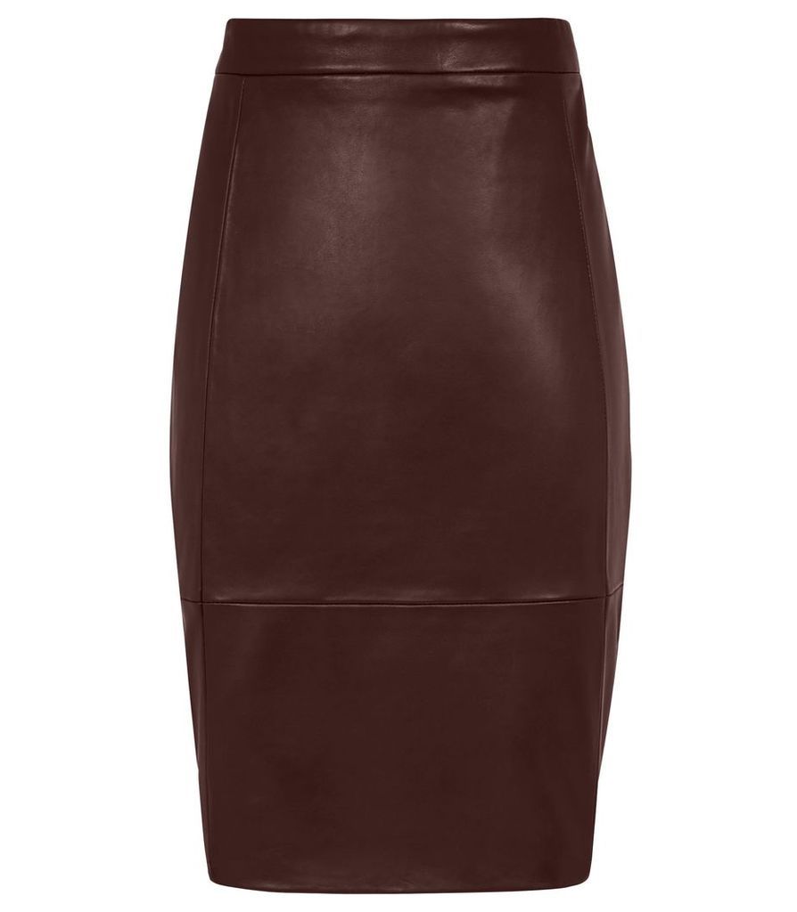 Reiss Olivia - Stretch Panel Leather Skirt in Ox Blood, Womens, Size 14