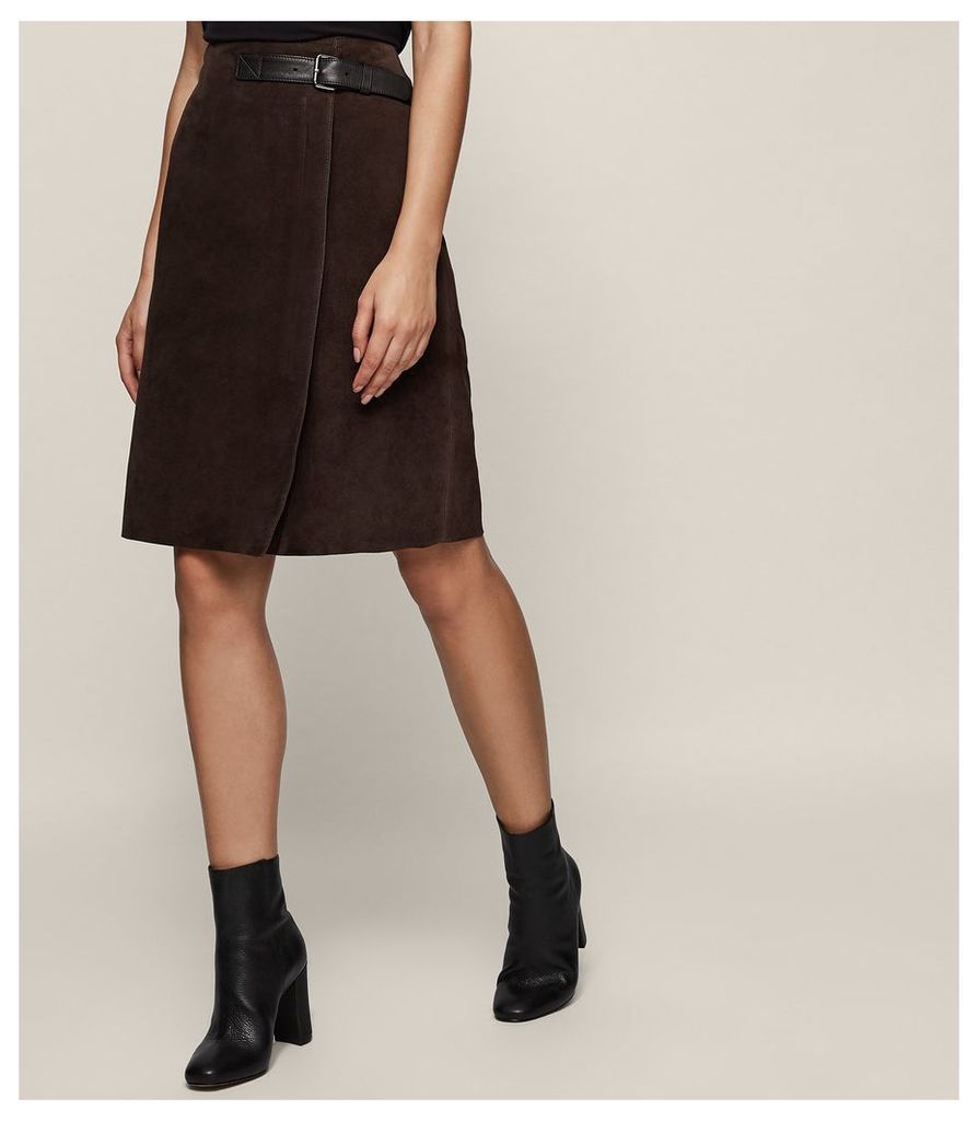 Reiss Riley - Suede A-line Skirt in Chocolate, Womens, Size 14