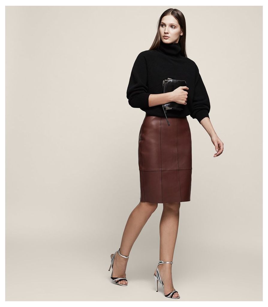 Reiss Tris - Bonded Leather Pencil Skirt in Ox Blood, Womens, Size 14