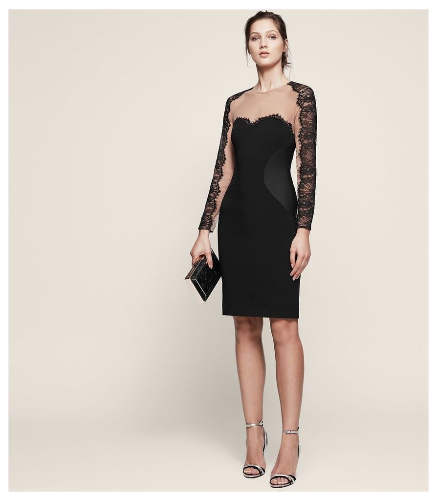 Reiss Joelie - Lace Panel Bodycon Dress in Black, Womens, Size 10