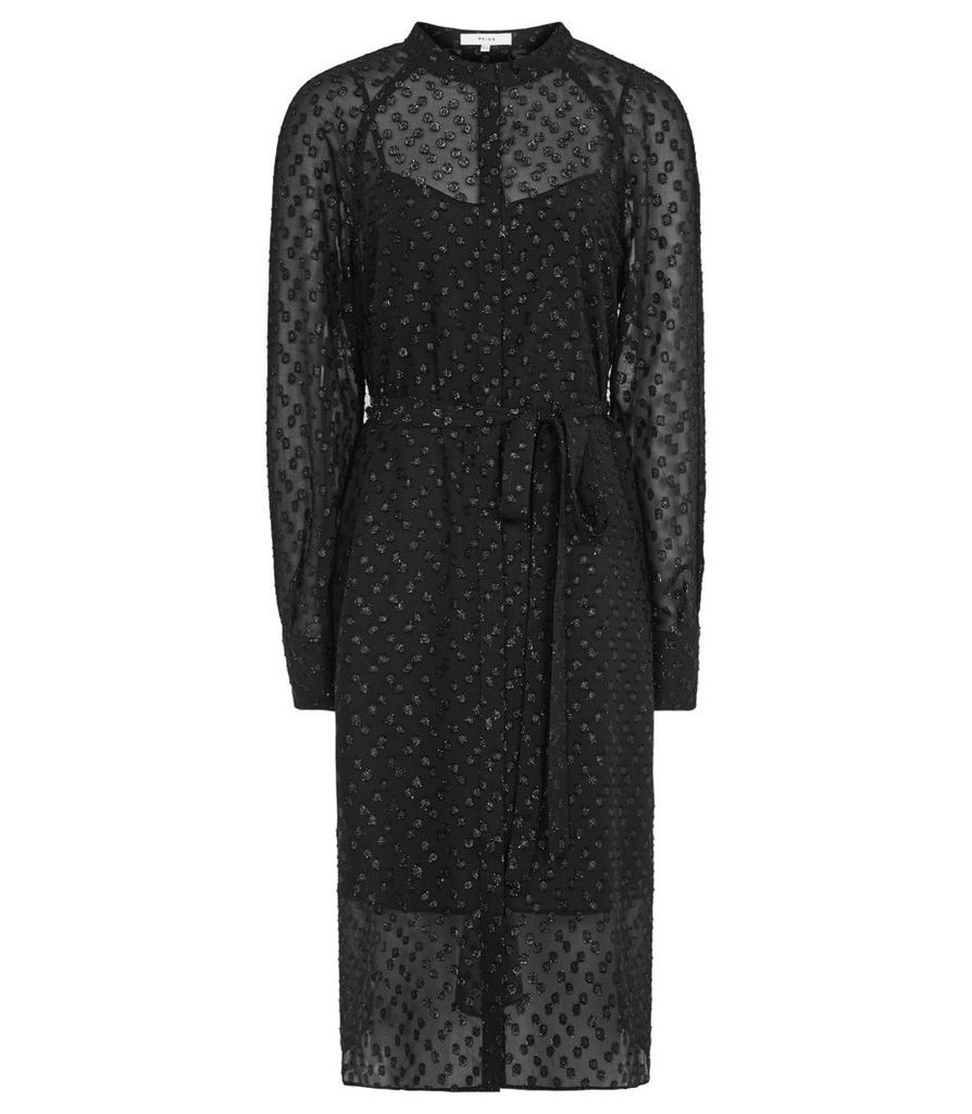 Reiss Allura - Metallic Burnout Shirt Dress in Black, Womens, Size 14
