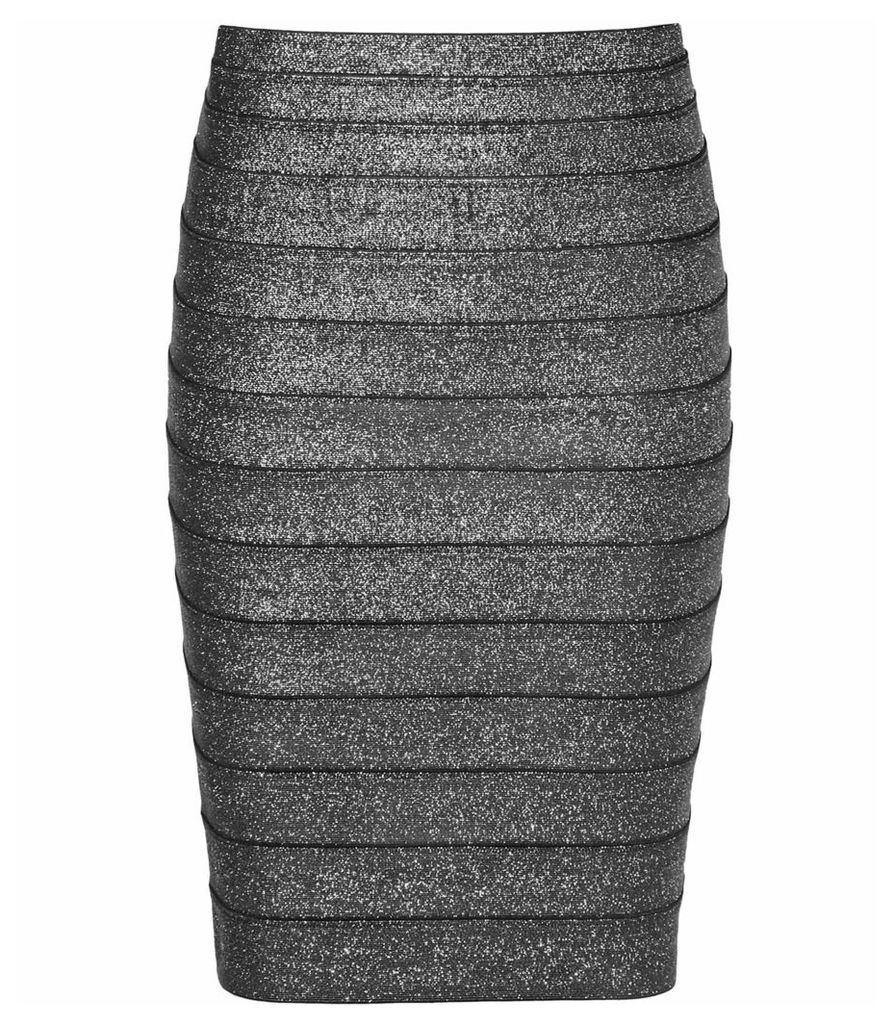 Reiss Henna - Metallic Stretch Pencil Skirt in Silver Metallic, Womens, Size 4