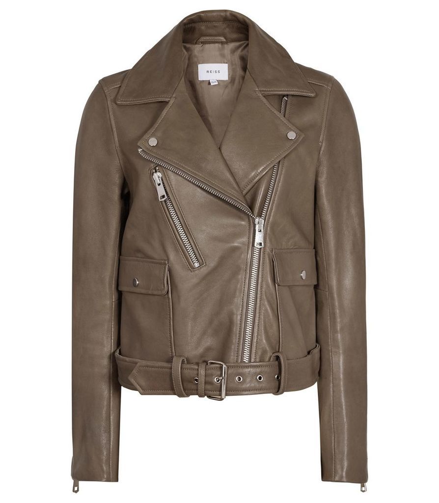 Reiss Kate - Leather Biker Jacket in Khaki, Womens, Size 12