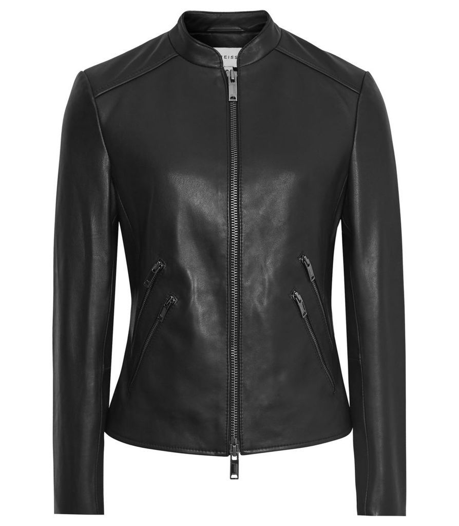 Reiss Thea - Collarless Leather Jacket in Black, Womens, Size 14