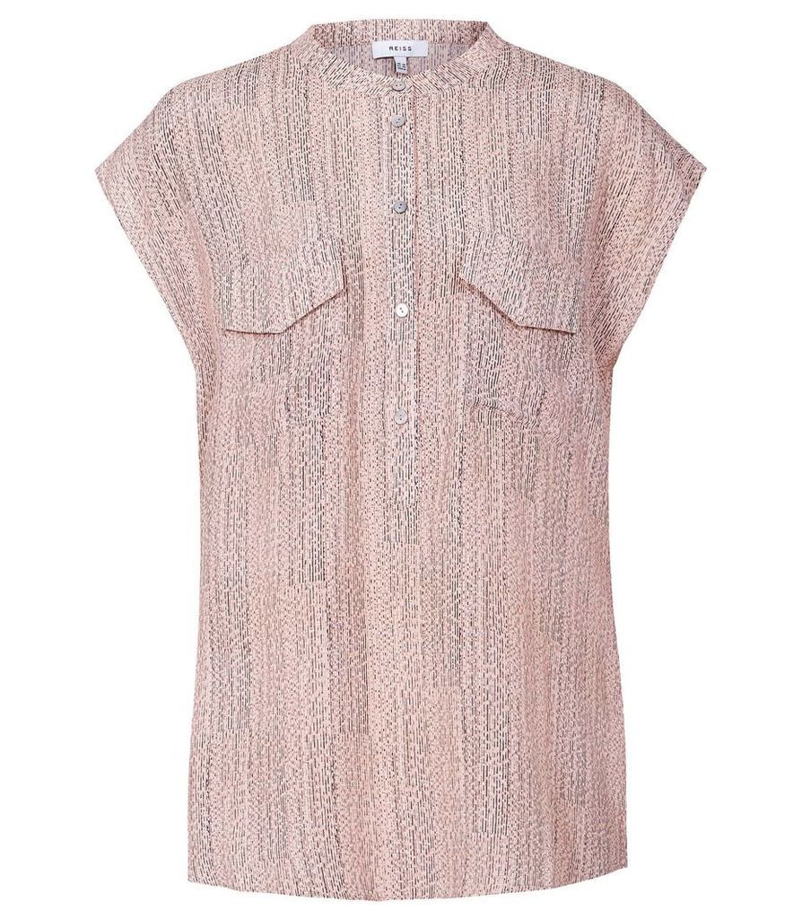 Reiss Arabella - Printed Twin Pocket Cap Sleeved Blouse in Pink, Womens, Size 14