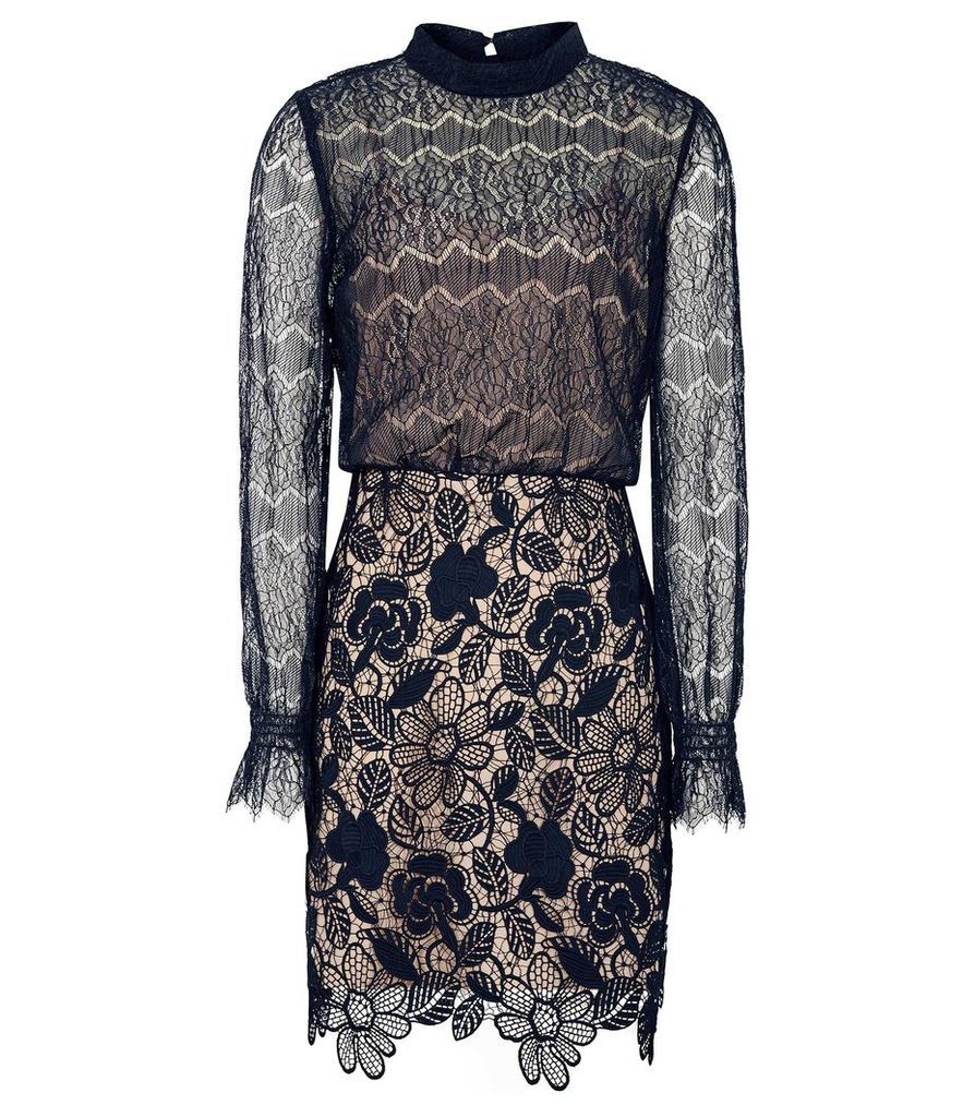 Reiss Elie - Lace Overlay Slim Fit Dress in Navy/nude, Womens, Size 16