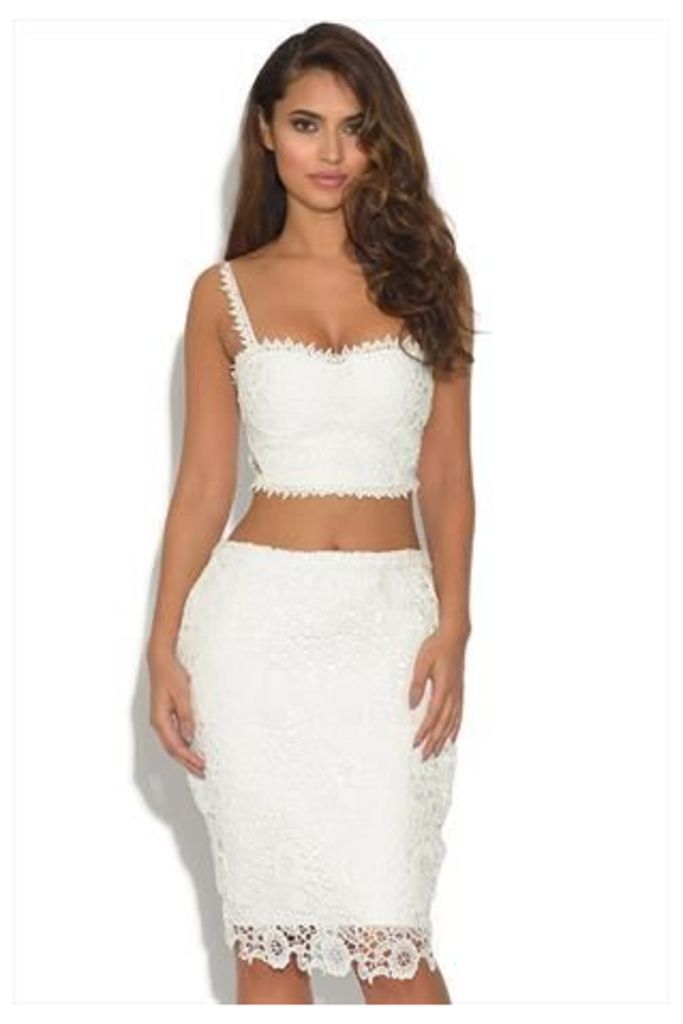 Luxe White Lace 2 Piece Crop Top And Bandage Skirt Set