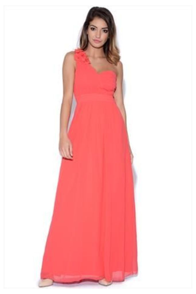Little Mistress Coral Corsage Pleated Maxi Dress