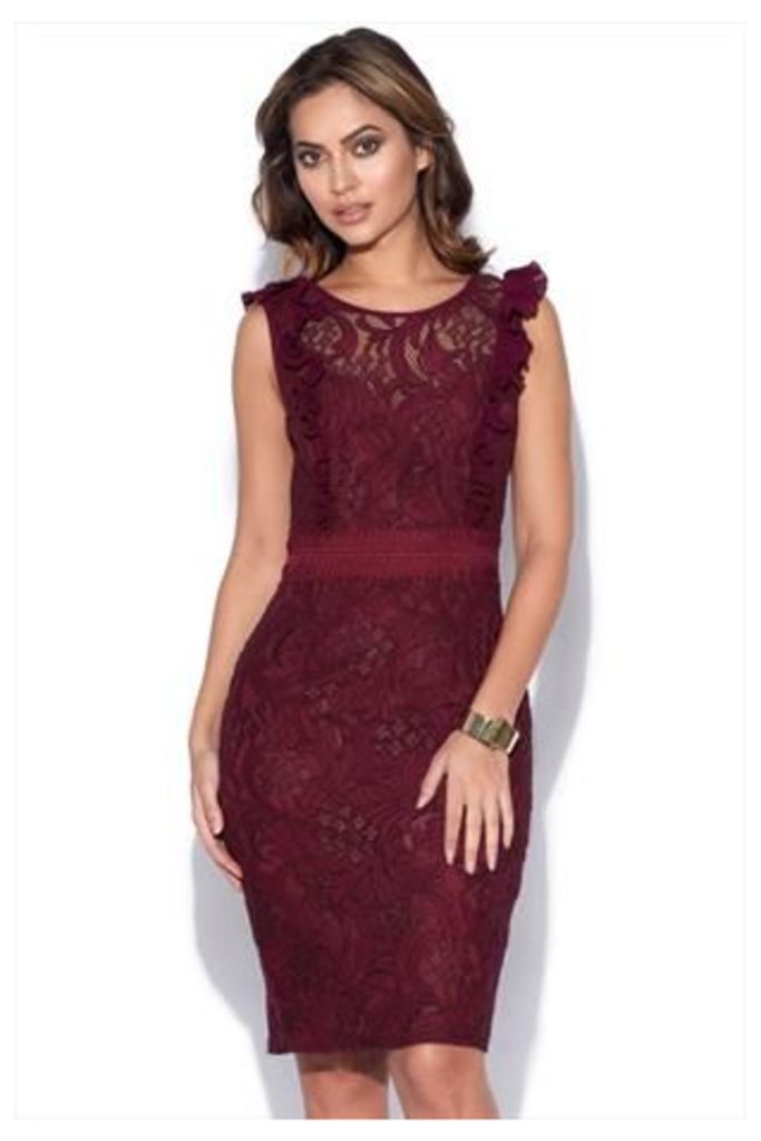 Maroon Lace Bodycon Dress With Ruffle