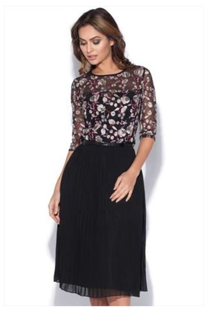 Floral Embroidered Midi Dress With Pleats