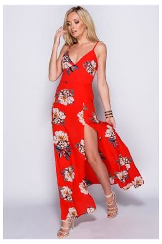 Red Floral Thigh Split Maxi Dress