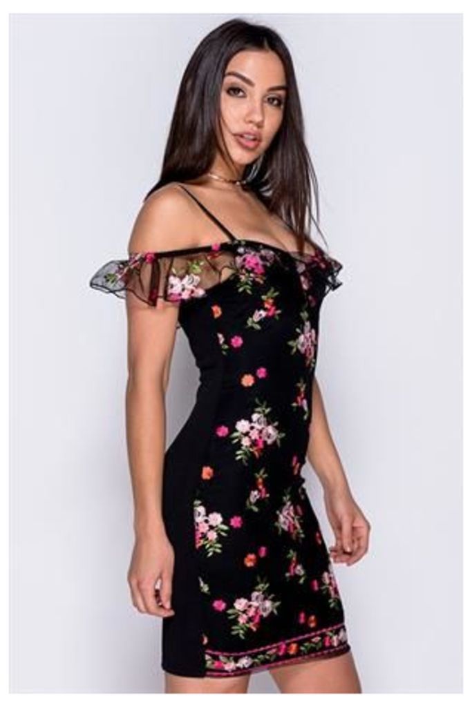 Floral Embroidered Cold Shoulder Bodycon Dress