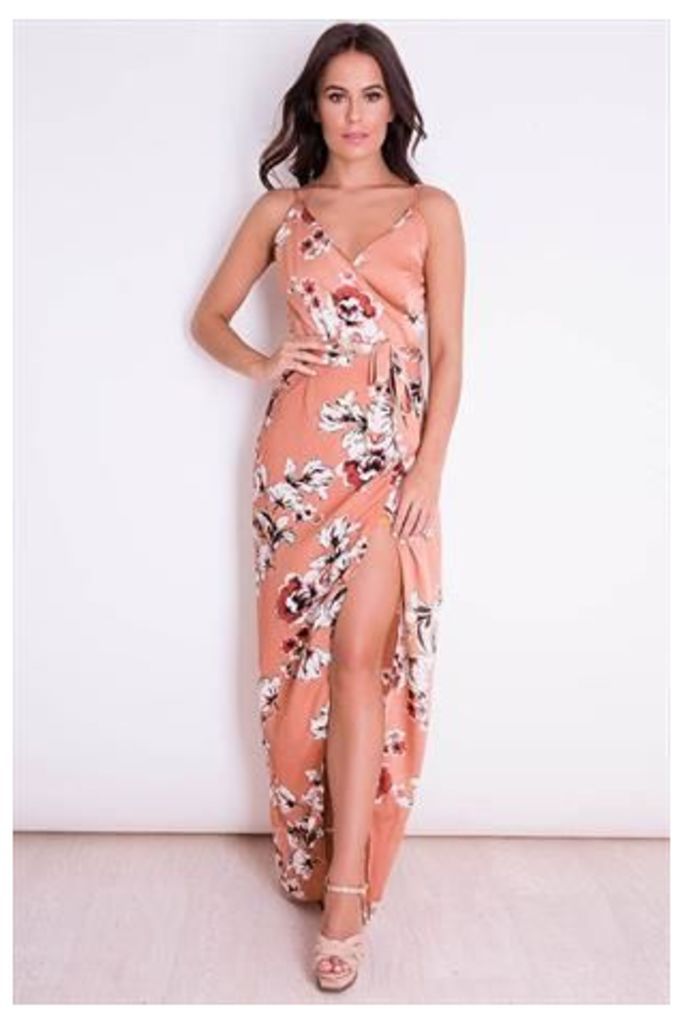 Peach Floral Wrap Maxi Dress