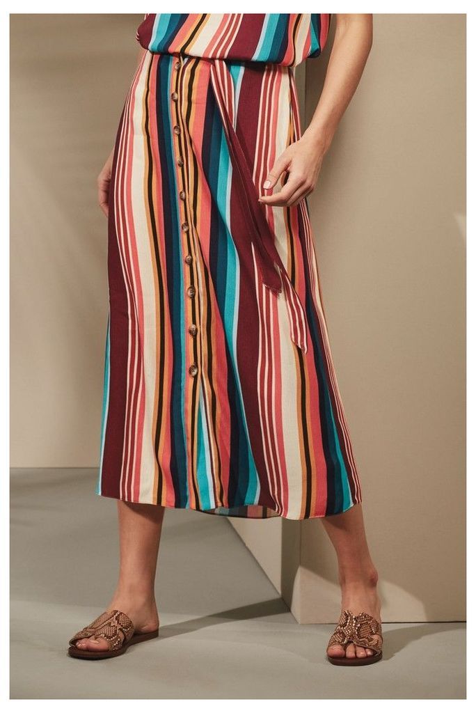 Womens Next Multi Bright Stripe Belted Midi Skirt -  Pink