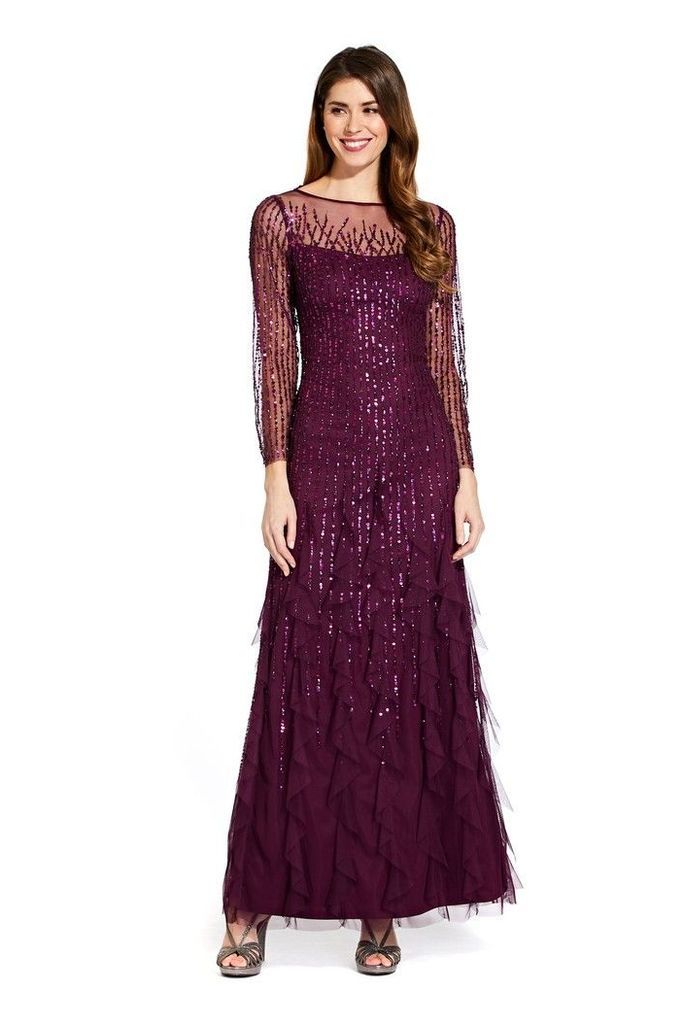 Womens Adrianna Papell Purple Beaded Long Dress -  Purple