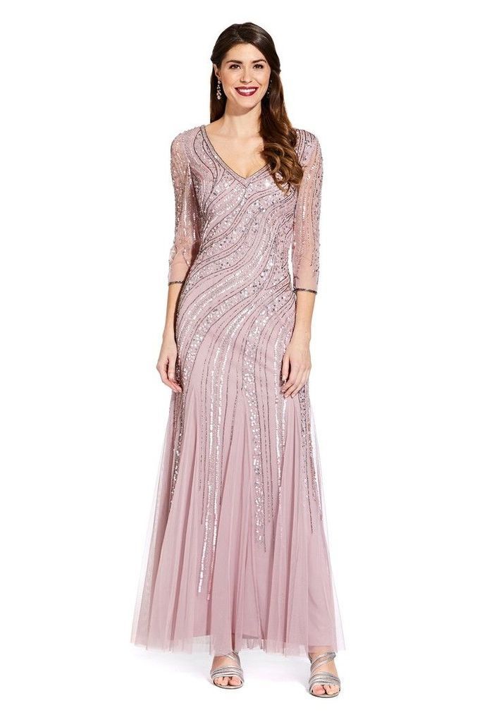 Womens Adrianna Papell Pink Beaded Long Dress -  Pink