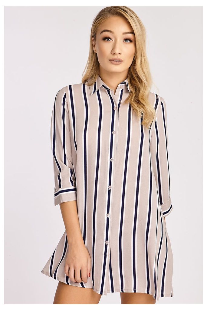 Grey Dresses - Kajita Navy and Grey Striped Shirt Dress
