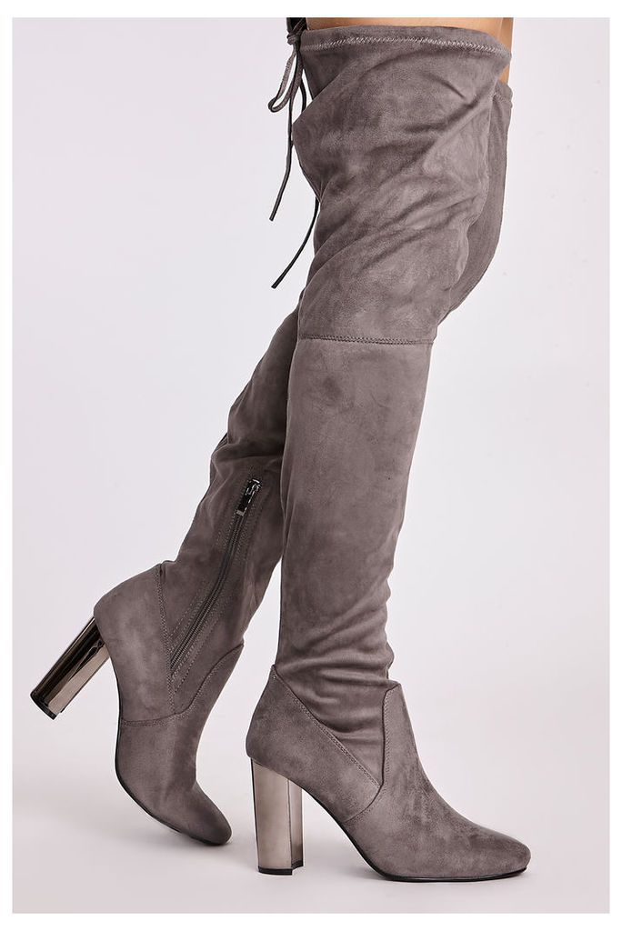 Grey Boots - Natasia Grey Faux Suede Chrome Heel Thigh High Boots