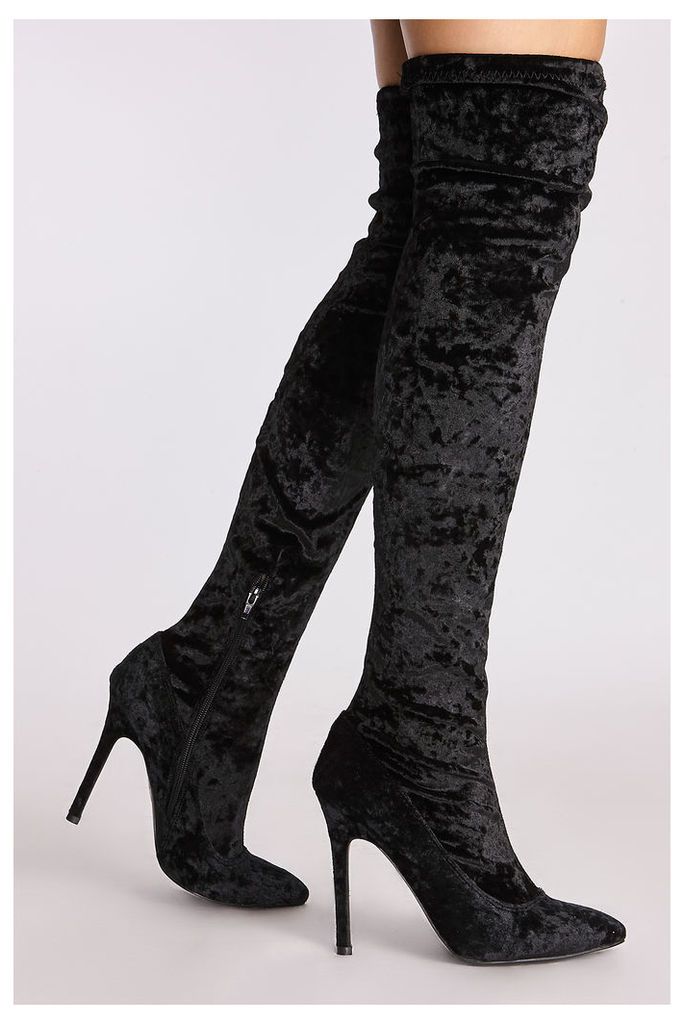 Black Boots - Ema Black Crushed Stretch Velvet Over the Knee Boots