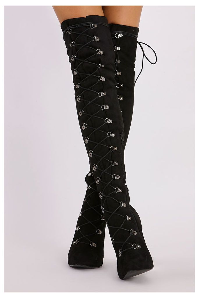 Black Boots - Hensley Black Faux Suede Lace Up Front Over the Knee Boots