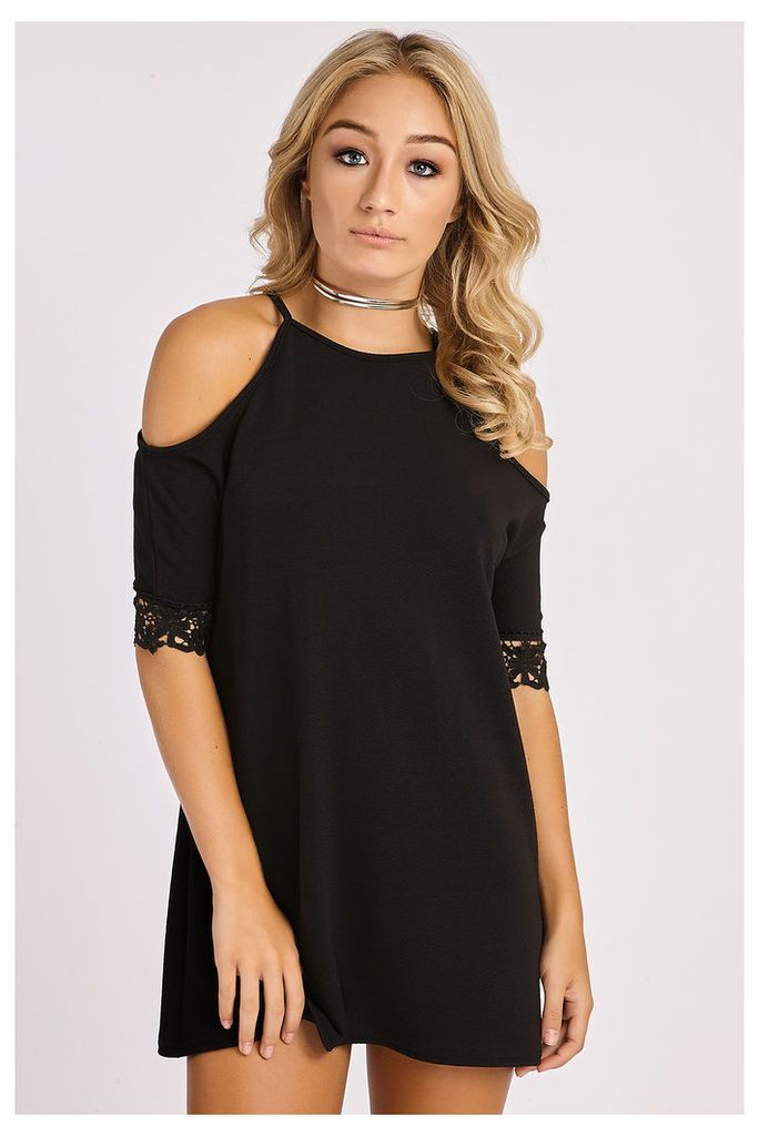 Black Dresses - Neva Black Cold Shoulder Crochet Trim Dress