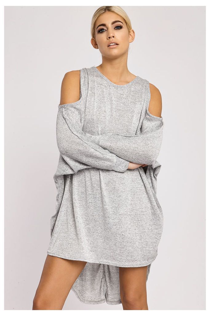 Grey Dresses - Serina Grey Lurex Knitted Cold Shoulder Dip Hem Dress