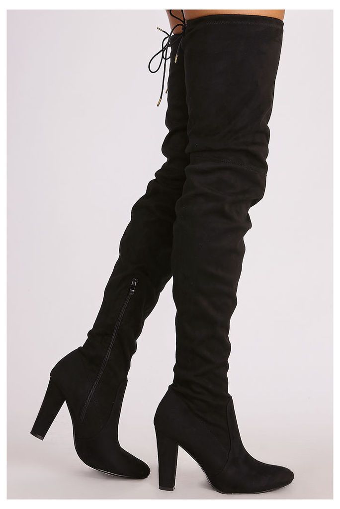 Black Boots - Mckenna Black Faux Suede Thigh High Heeled Boots