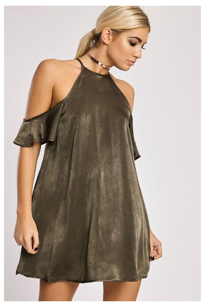 Khaki Dresses - Zariya Khaki Metallic Cold Shoulder Dress