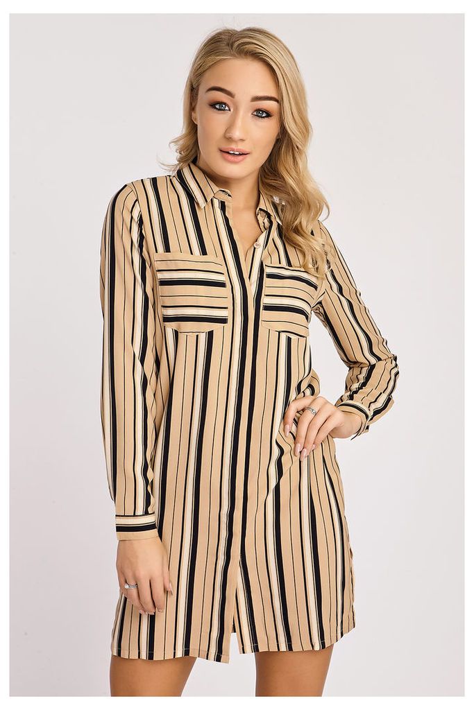 Camel Dresses - Kailey Camel and Navy Striped Shirt Dress
