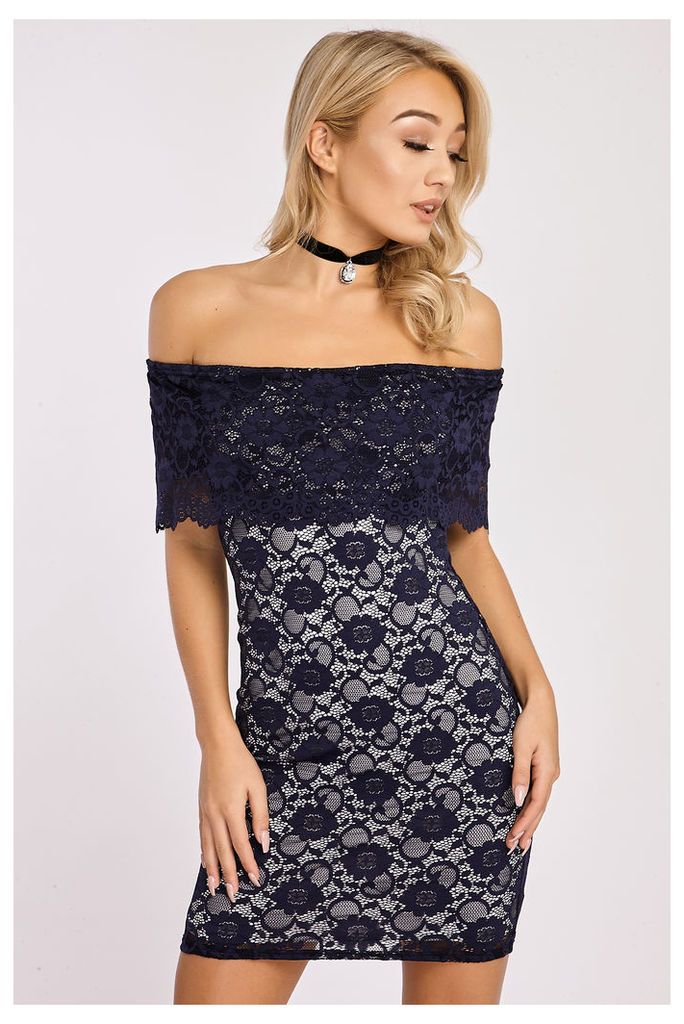Navy Dresses - Meredith Navy Lace Off Shoulder Bodycon Dress