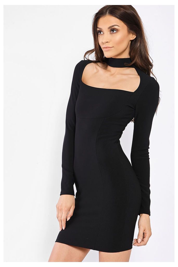 Black Dresses - Carine Black Choker Neck Panelled Bodycon Dress