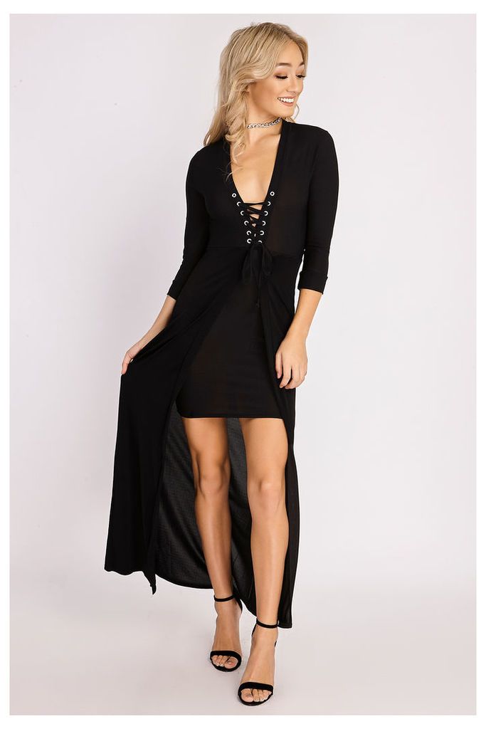 Black Dresses - Kailee Black Lace Up Maxi Overlay Dress