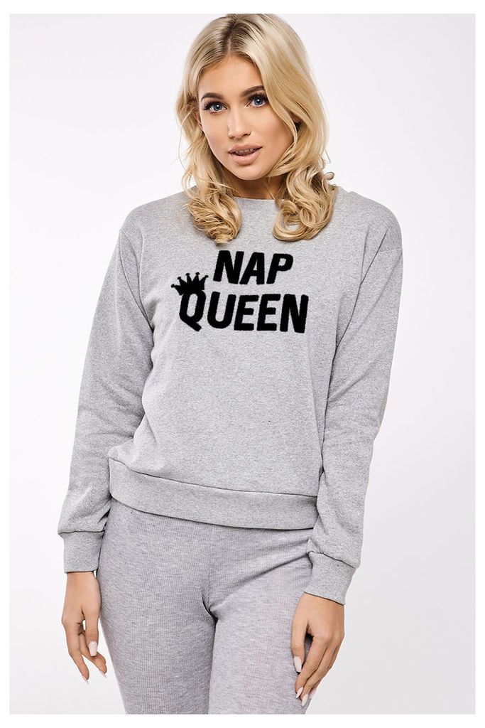 Grey Sweaters - Billie Faiers Nap Queen Slogan Basic Round Neck Grey Sweater