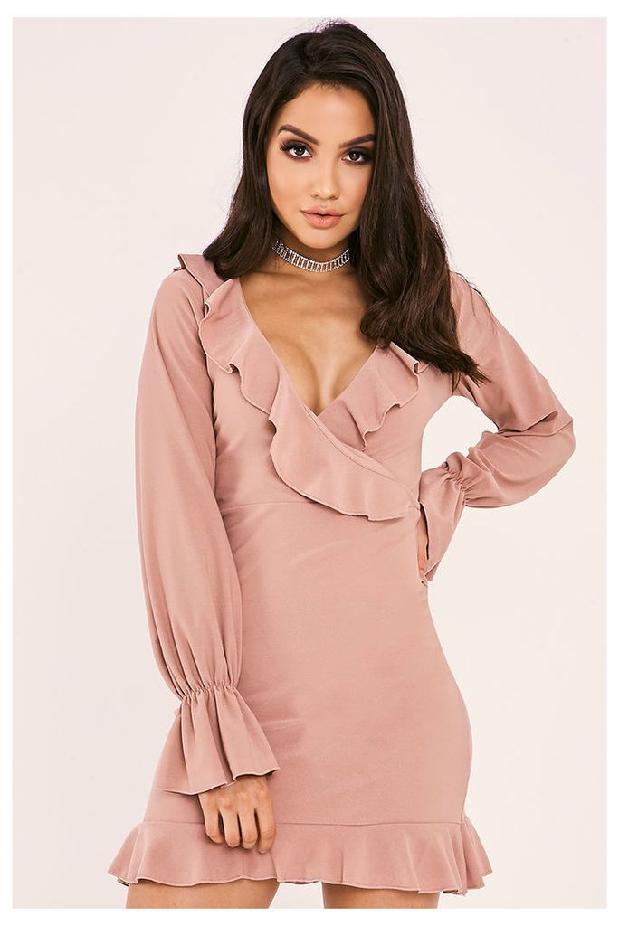 Pink Dresses - Jaimy Pink Wrap Front Long Sleeve Frill Dress