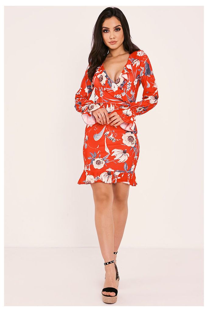 Red Dresses - Rheyna Red Floral Wrap Front Long Sleeve Frill Dress