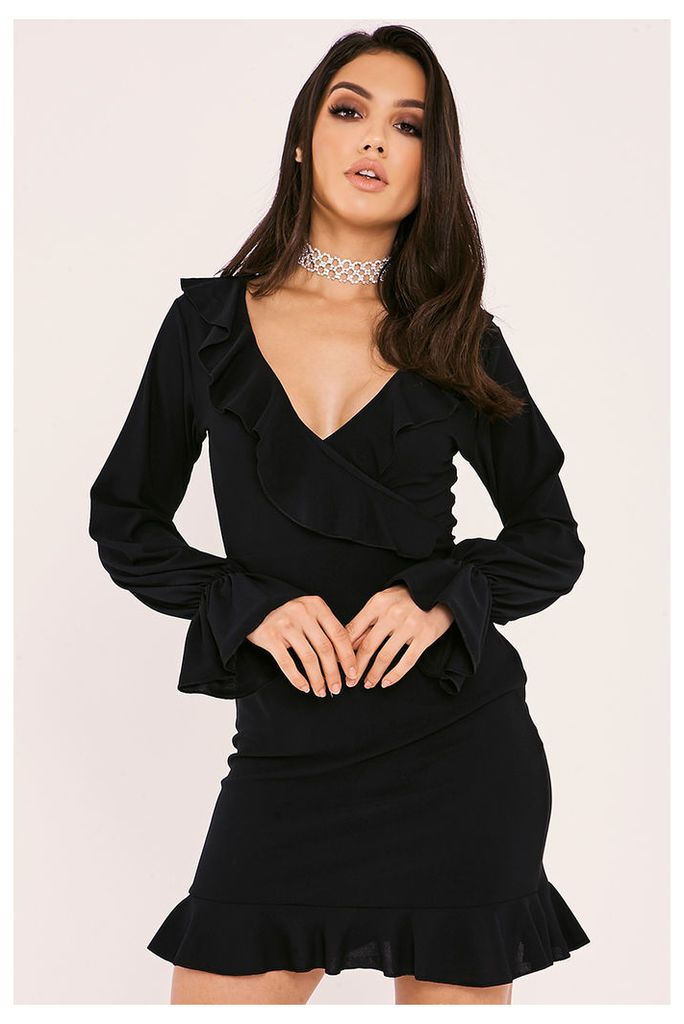 Black Dresses - Jaimy Black Wrap Front Long Sleeve Frill Dress