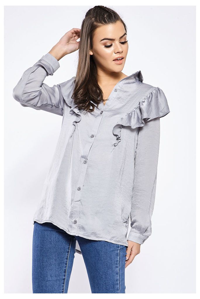Grey Shirts - Blithe Grey Silky Frill Shoulder Shirt