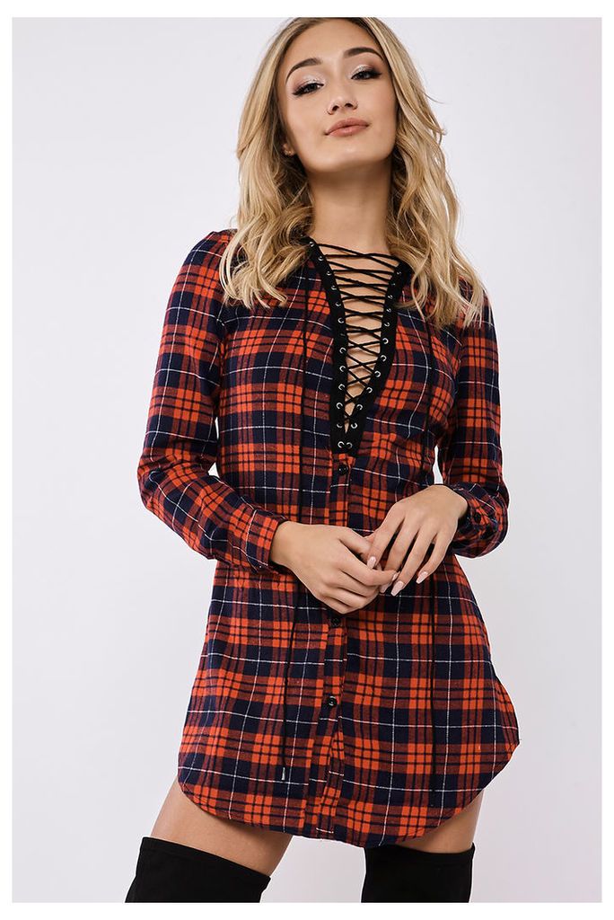 Red Dresses - Eva May Red Lace Up Checked Shirt Dress