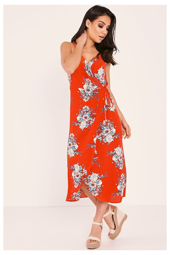 Red Dresses - Kaylah Red Floral Wrap Front Midi Dress