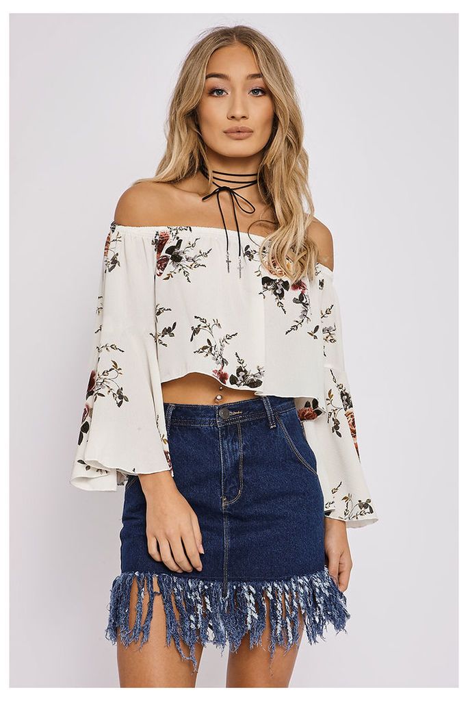 Tops - Cathi White Floral Flared Sleeve Bardot Top