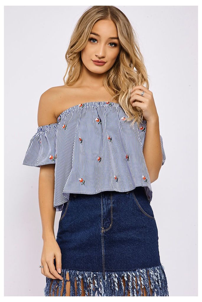 Blue Tops - Lynzie Blue Stripe Floral Embroidered Bardot Top