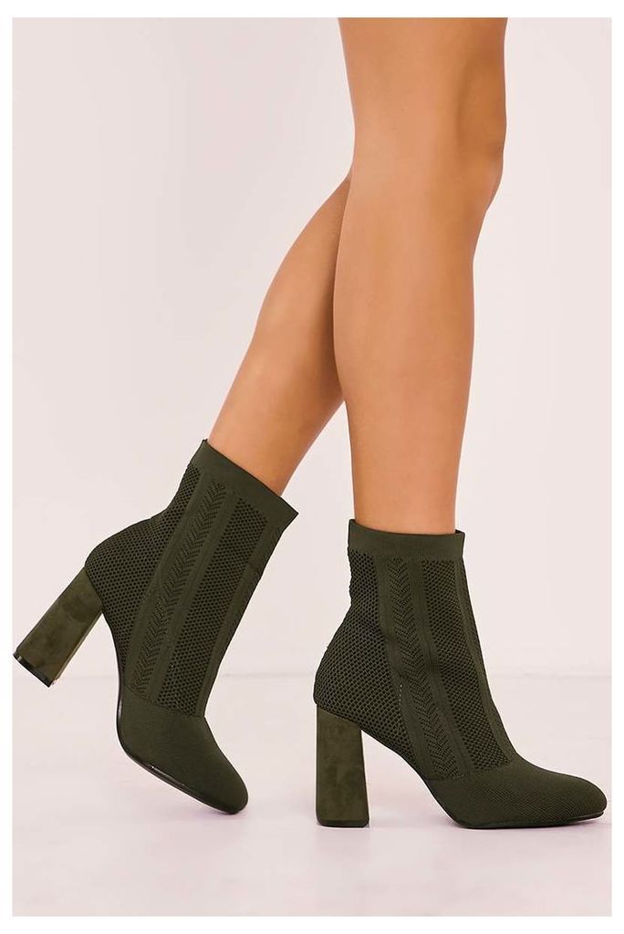 Khaki Boots - Veola Khaki Knitted Block Heel Boots