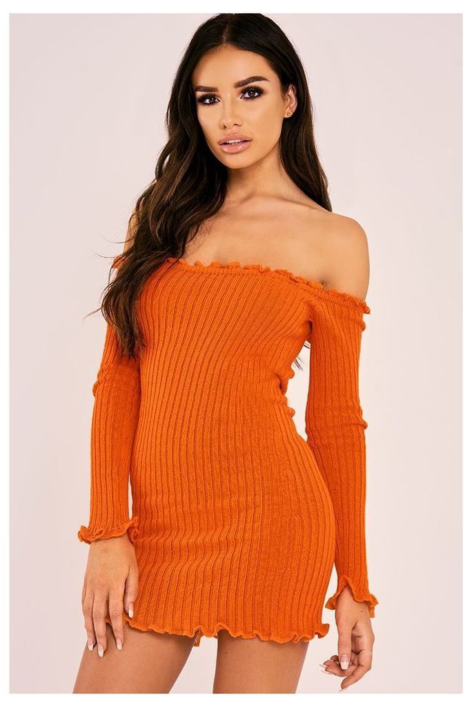 Orange Dresses - Sarah Ashcroft Orange Ribbed Ruffle Long Sleeve Bardot Dress