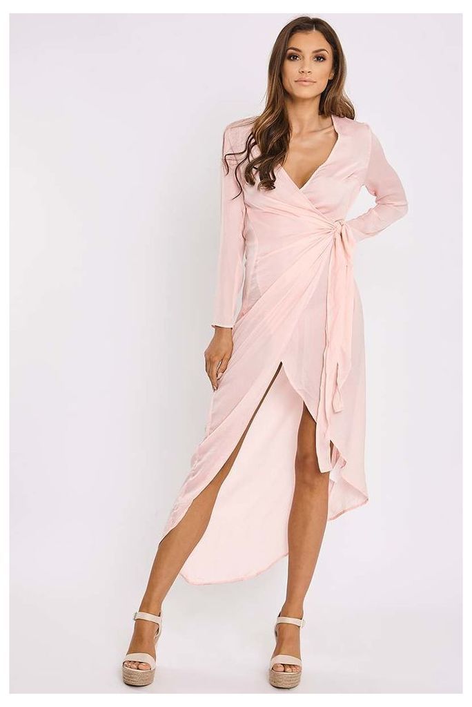 Pink Dresses - Emmalyn Pink Silky Wrap Maxi Shirt Dress