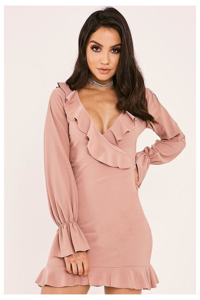 Pink Dresses - Jaimy Pink Wrap Front Long Sleeve Frill Dress