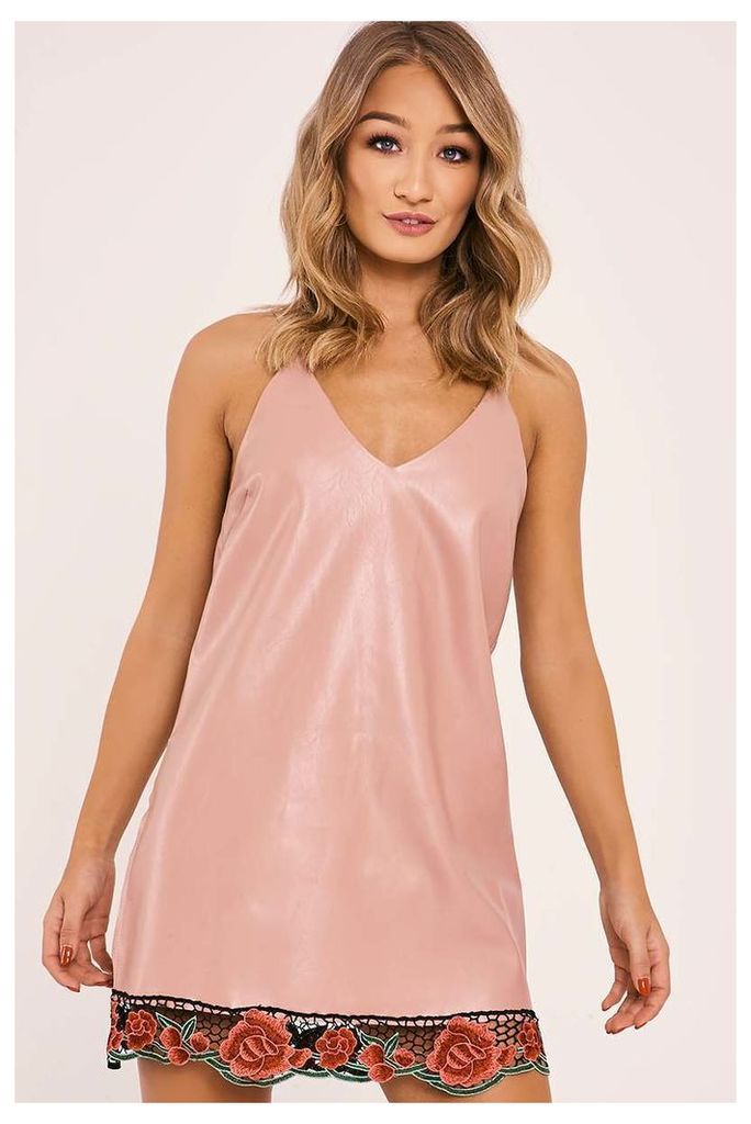 Pink Dresses - Elili Pink Faux Leather Applique Trim Dress