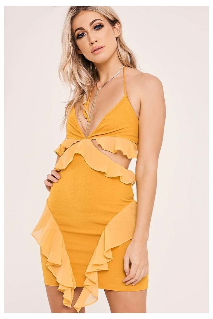 Yellow Dresses - Parris Yellow Cut Out Halterneck Frill Dress