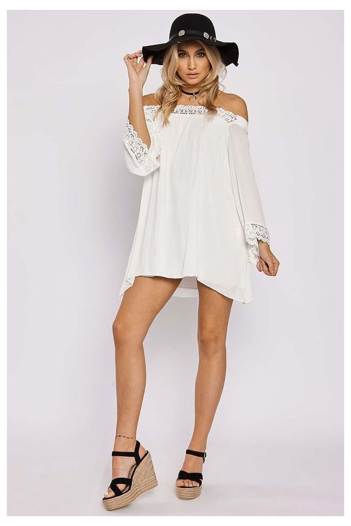 White Dresses - Braidy White Crochet Flared Sleeve Bardot Dress